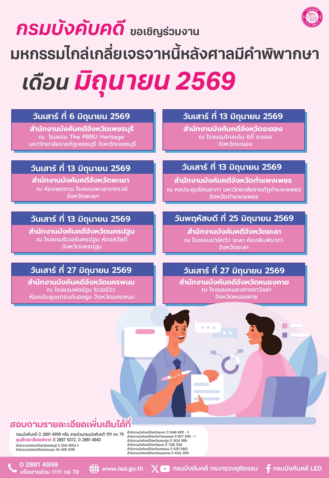 กรมบังคับคดี ขอเชิญร่วมงานมหกรรมไกล่เกลี่ยเจรจาหนี้หลังศาลมีคำพิพากษา ประจำเดือนมิถุนายน 2569